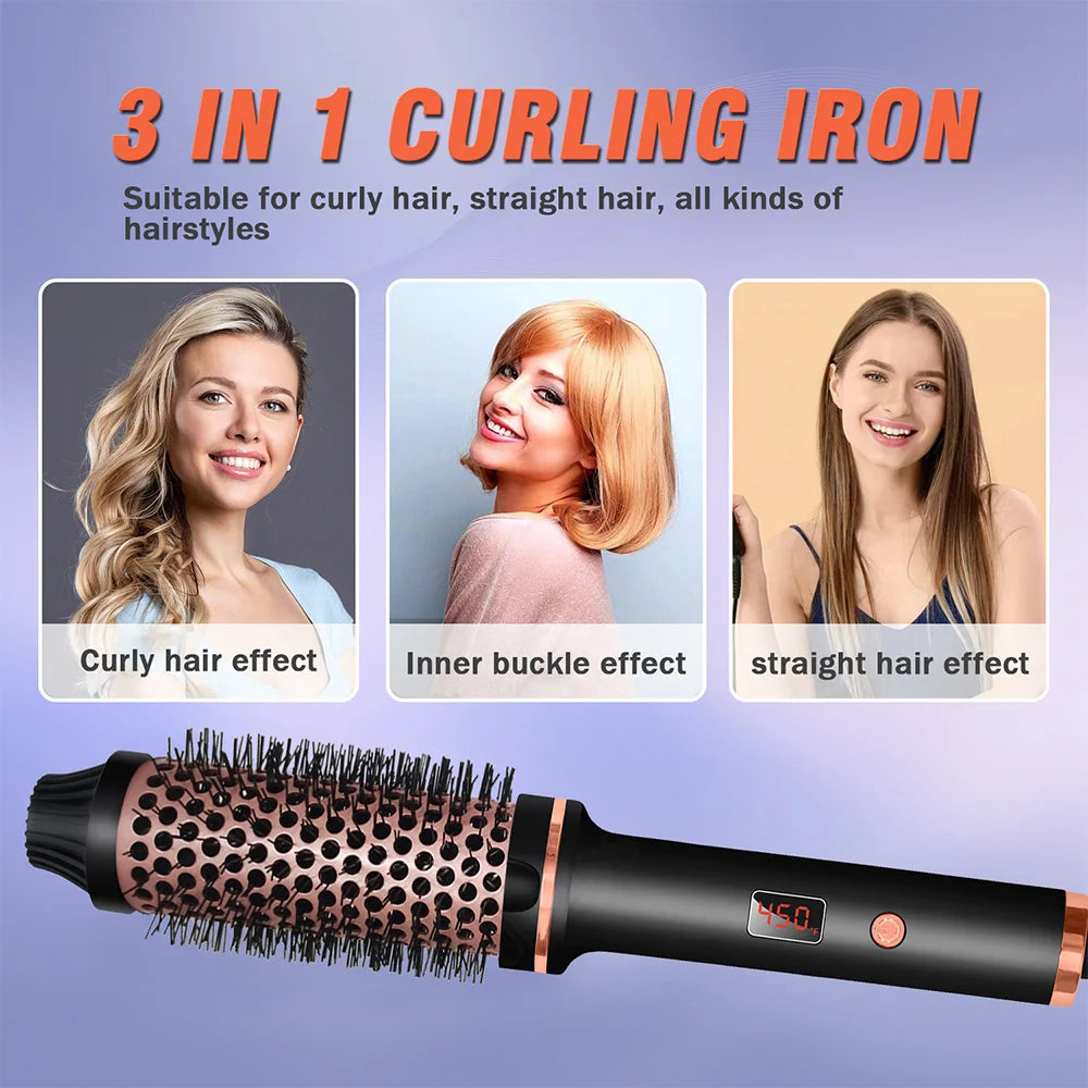 3-in-1 Ionic Hair Curler Straightener Thermal Brush Heated Styling Brush Double PTC Curling Iron Anti-Scald Hair Curler Comb