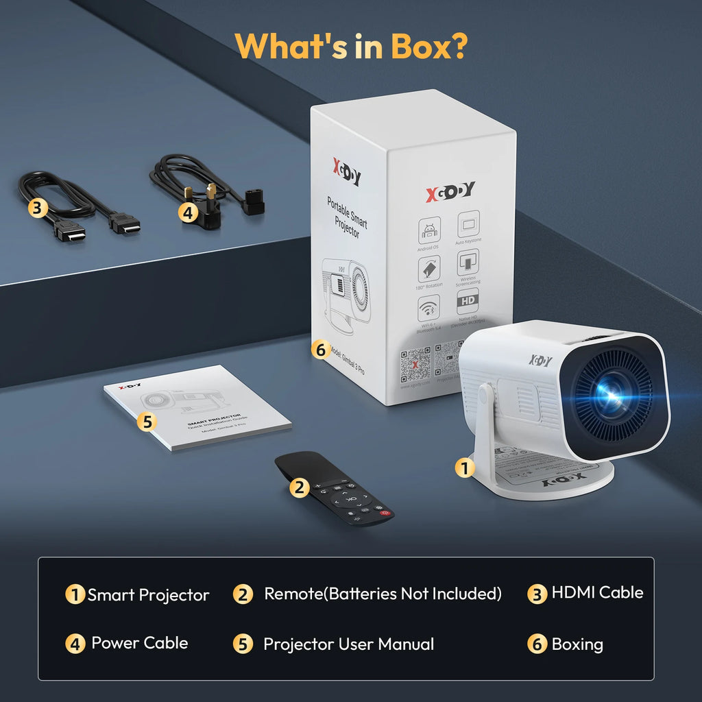 Xgody Gimbal 3 Pro Projector 4K Wifi6 Android Mini Beamer Wifi 1280*720P Home Theater Outdoor Portable